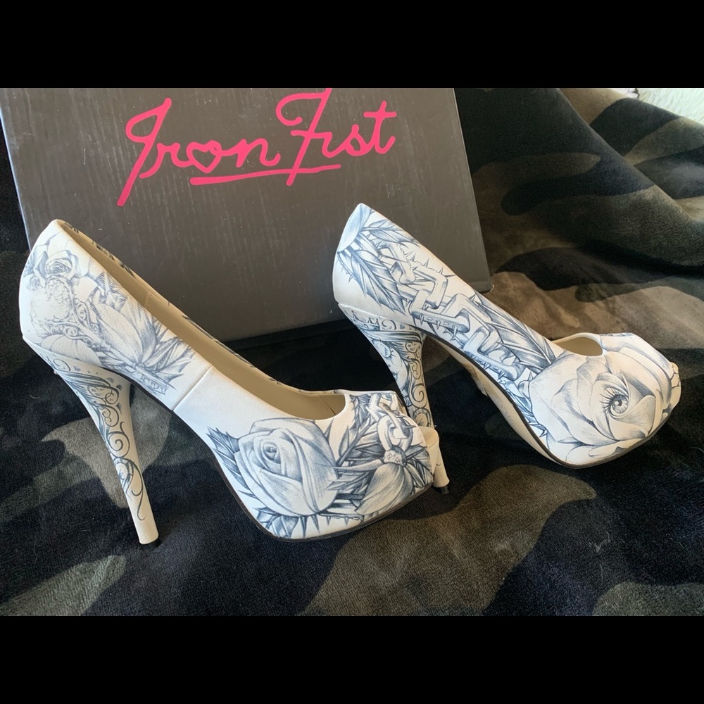 White Heels with Iron Fist designs